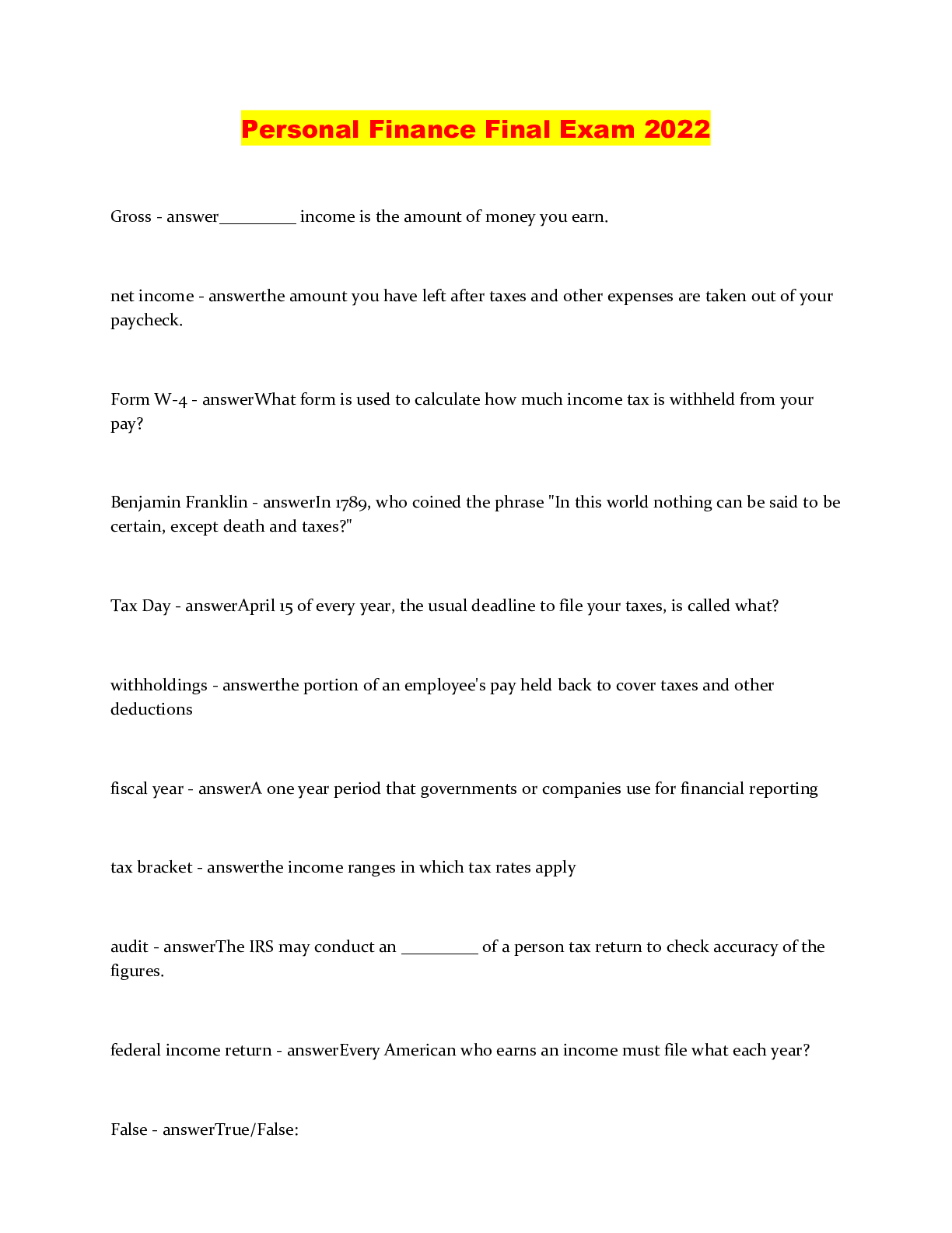 Preview image of Personal Finance Final Exam 2022 document